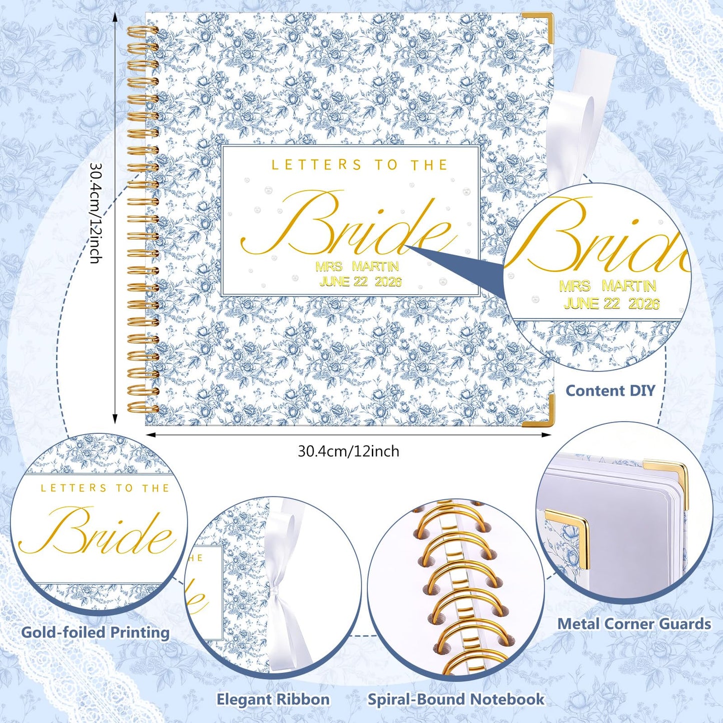 Humyoun Wedding Guest Book Letters to The Bride Scrapbook Wedding Memory Book Bridal DIY Blank Paper Scrapbook Photo Album Guest Sign with Pearl Stickers(12 x 12 Inch,Floral,Blue)