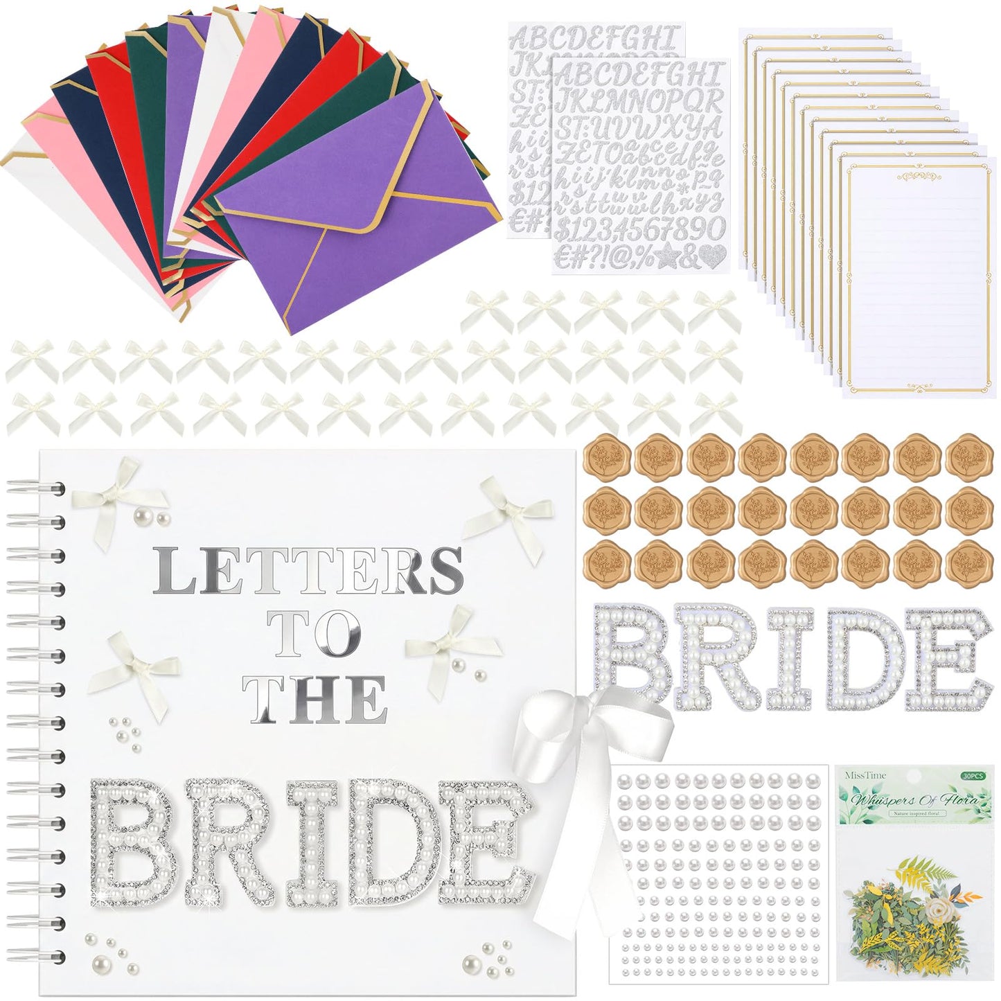 FunooFuno 8 x 8 Inch DIY Letters to the Bride Scrapbook Wedding Memory Book Bridal Blank Paper Scrapbook with Pearl Letter Stickers Bows Wax Seal Stickers Envelope for Wedding Bridal Shower Gifts