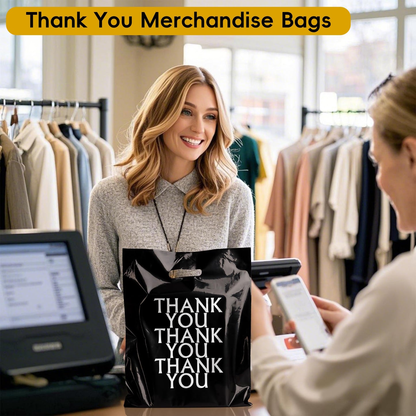 POPGIFTU Black Thank You Bags 12x15, 100 PCS Plastic Shopping Bags with Handles, Boutique Retail Bags for Small Business, Merchandise Gift Bags Bulk