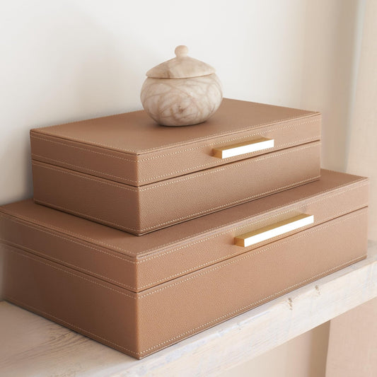 ZICOTO Decorative Storage Boxes with Lids – Set of 2 Beautiful PU Leather Organizer Bins for Your Bookshelf Home Decor - Safely Store Photos, Documents and Memory Box Keepsakes in Style
