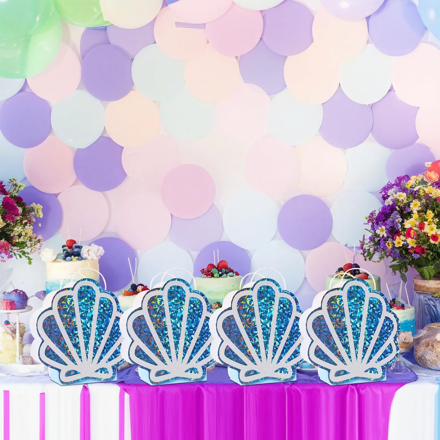 Sariiraw 16 Pack Mermaid Party Favor Bags with Handles, Holographic Seashell Goodie Bags for Under The Sea Theme Party Decorations, Mermaid Birthday, Baby Shower Supplies, 6"x3.1"x9.8"
