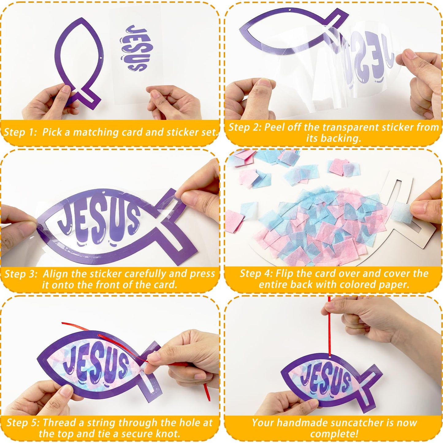 42 Packs Faith Fish Suncatchers Crafts for Kids, Christian Jesus Fish DIY Religious Cross Tissue Paper Sign Art Craft Kit for VBS Sunday School Home Classroom Church Bible Activities Party Decor