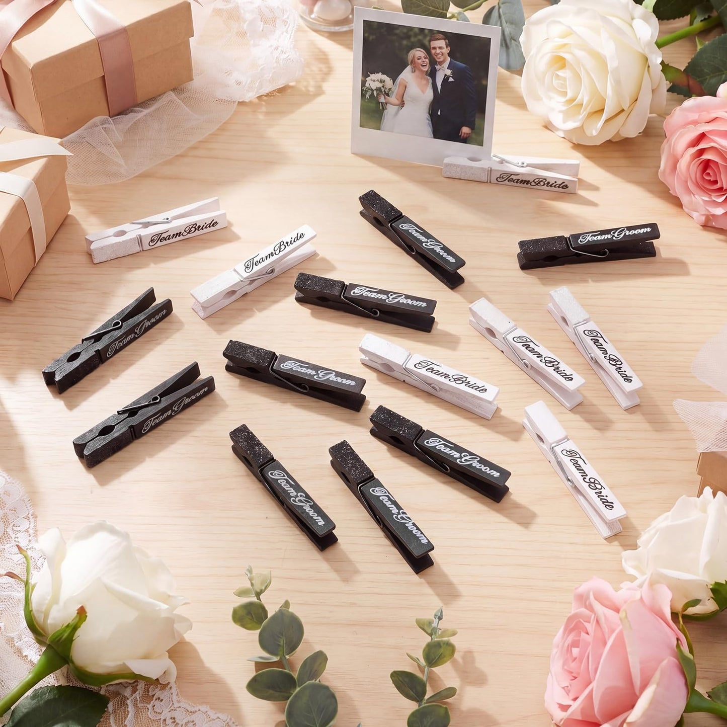 Tinlade 30 Pcs Wedding Game Party Favor Team Bride & Groom Set Glitter Black White Clothes Pins for Guest Wedding Wall Hanging Picture Clip Decor for Bridal Shower Bachelorette Send off Party Supplies