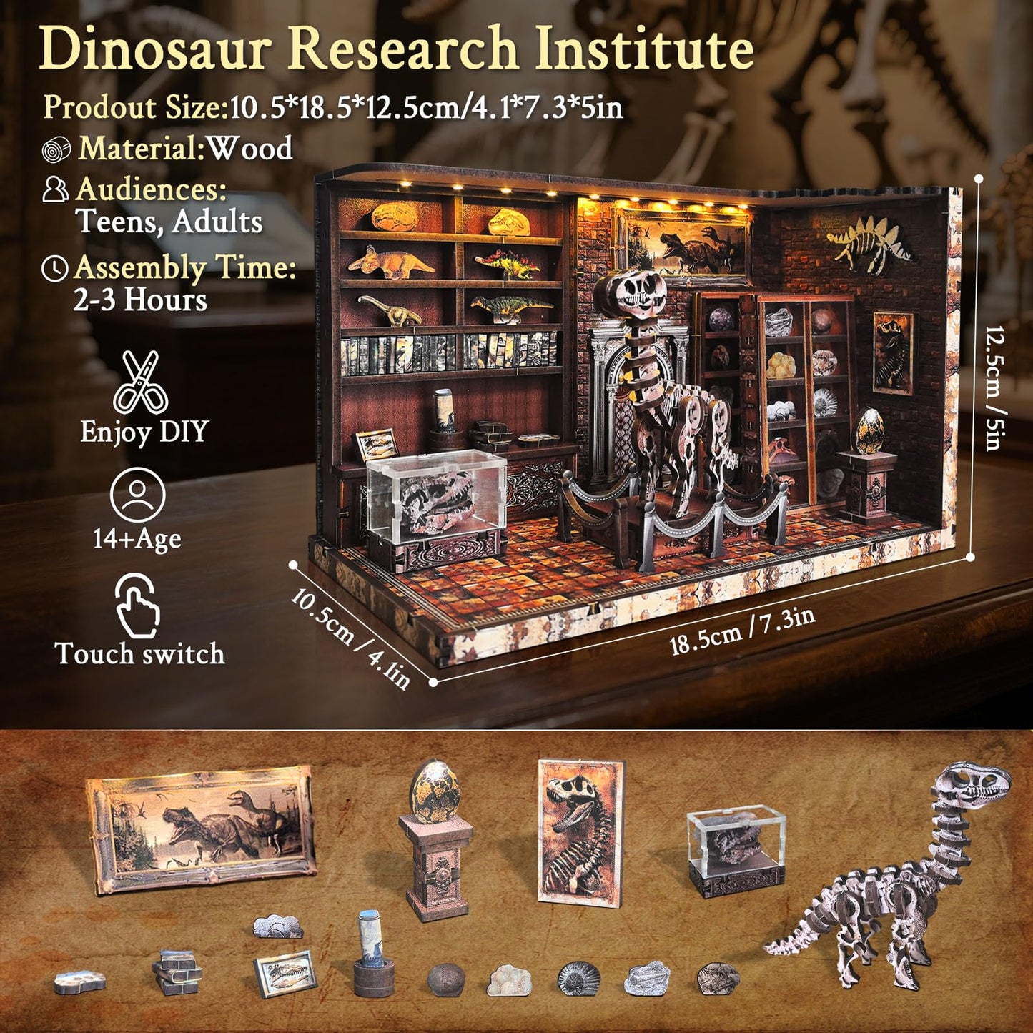 FLYINTOYS Book Nook Kit, DIY Miniature Dollhouse Booknook Kit for Adults and Teens, 3D Wooden Puzzle Bookshelf Crafts Kits with LED Light for Family and Friends (Dinosaur Research Institute)