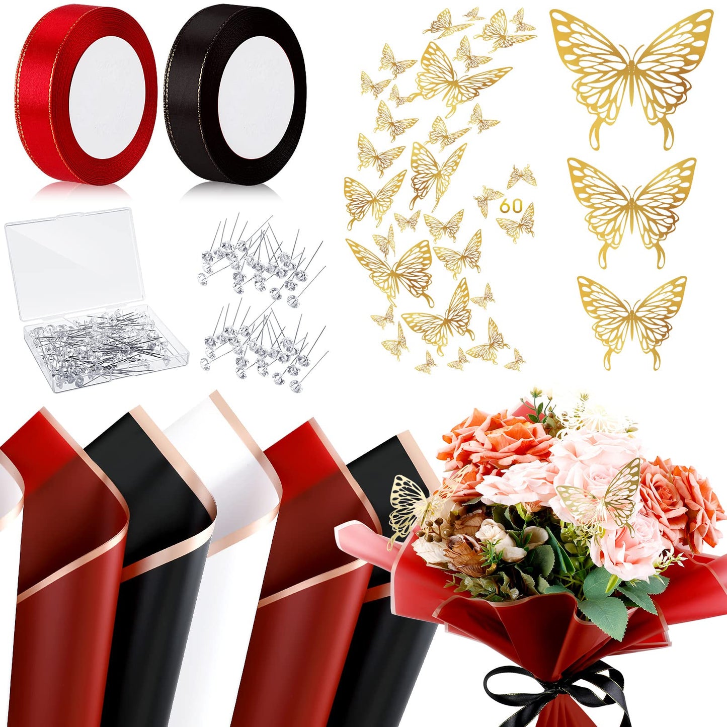 Outus 60 Sheets Flower Bouquet Wrapping Paper Mother's Day Waterproof Floral Wrapping Paper with 60 3D Butterfly 100 Flower Pins 2 Rolls Ribbon Florist Supplies for Wedding(Red, Black, White)