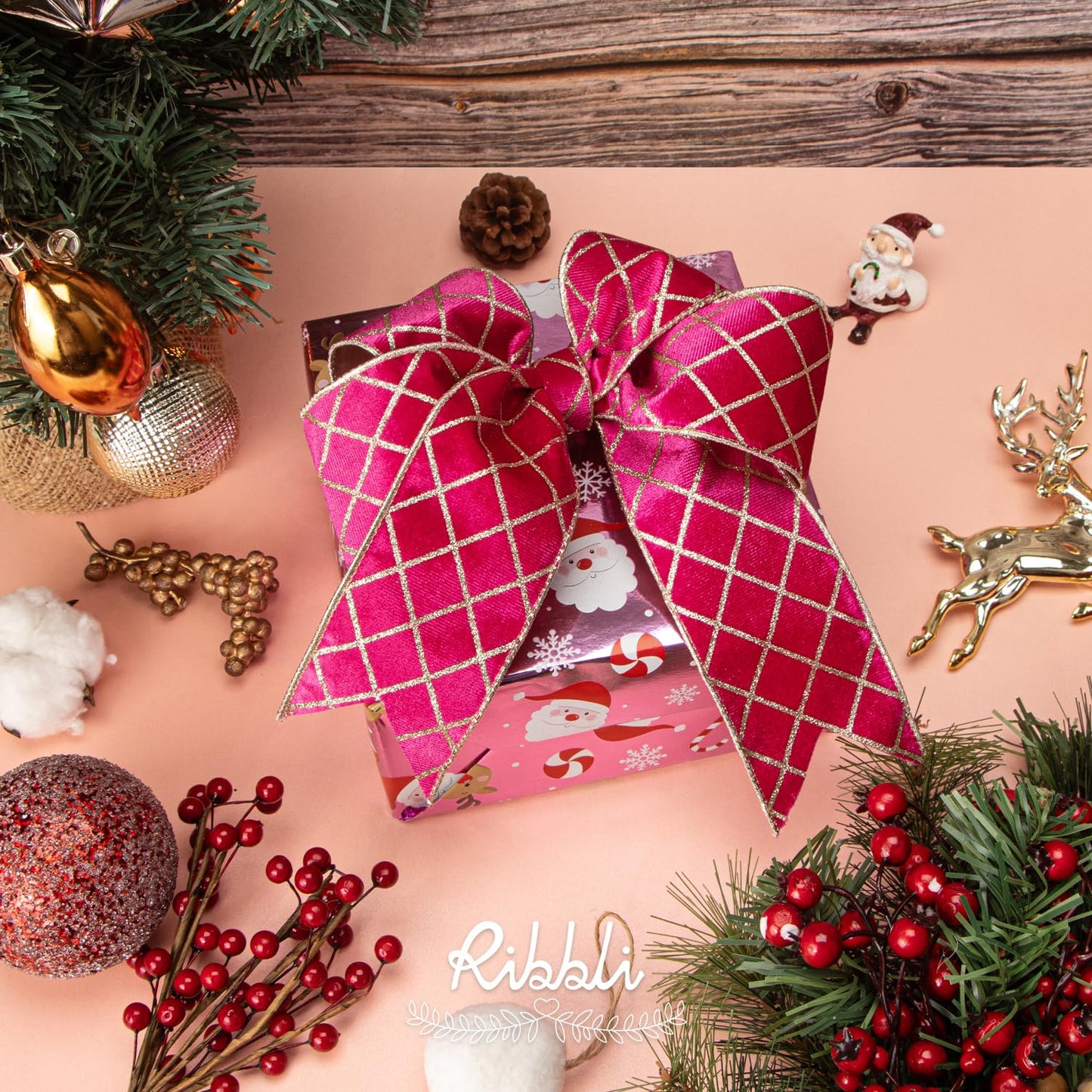 Ribbli Hot Pink Velvet Ribbon Wired with Glitter Diamond Grid 2-1/2 Inch Christmas Ribbon for Christmas Tree Decoration Big Bow Gift Wrapping Crafts Wreaths Garland Supplies - 10 Yards