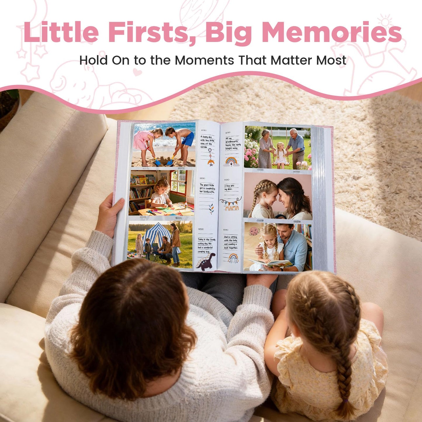 Yatosally Baby Photo Album 4x6 300 Pockets with Memo Area, Photo Stickers & Hand and Footprint Kit, Linen Cover Baby Memory Book with Front Window, First Year Keepsake for Newborn Boy Girl
