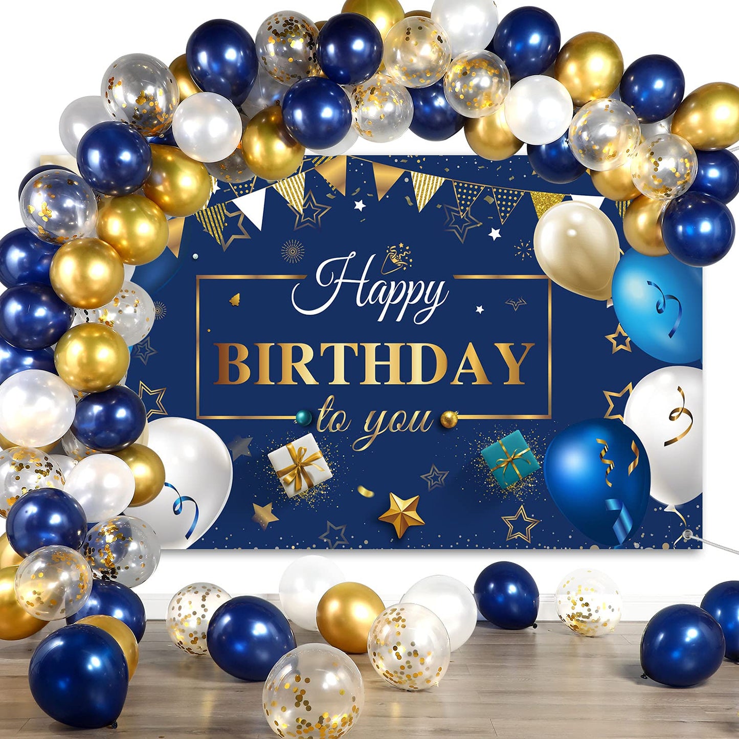 Tatuo Navy Blue Birthday Confetti Balloons Kit Set Photography Backdrop Banner Package for Boys Girls Men Women Birthday Party Decorations Supplies(Navy Blue and Gold)