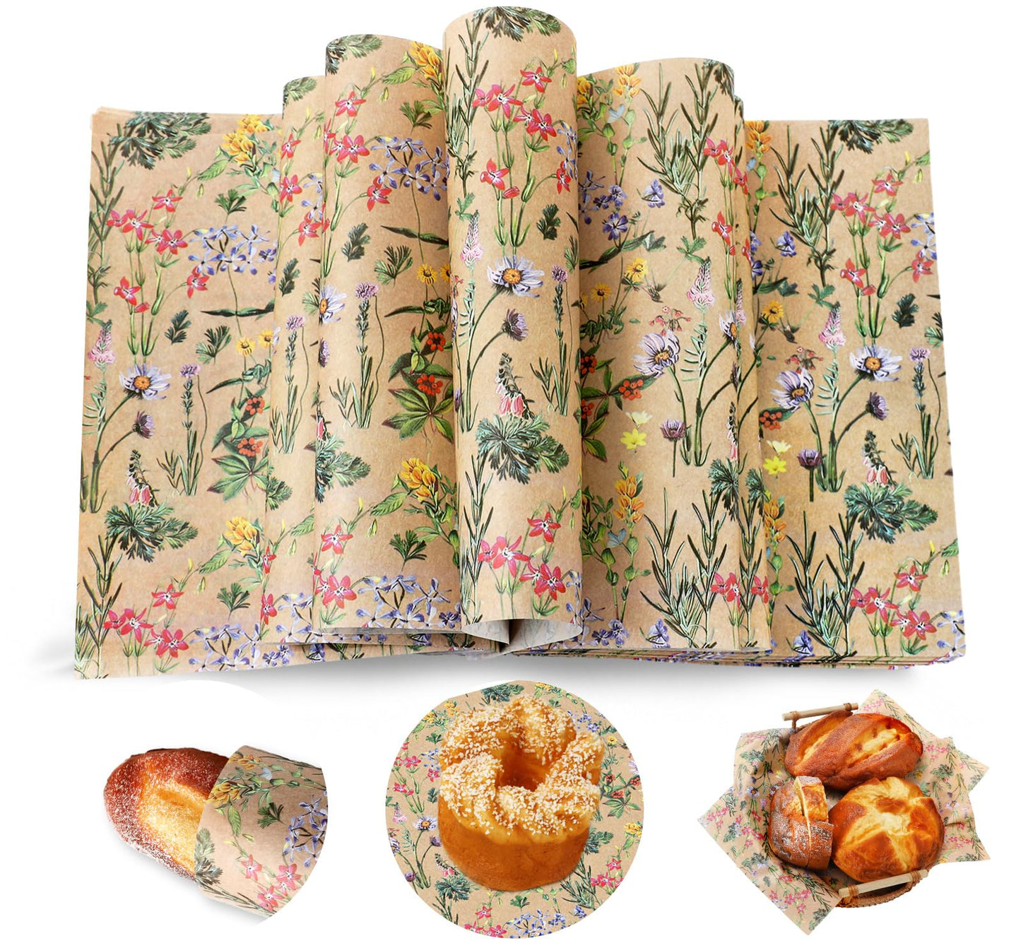 JarThenaAMCS 200 Pcs Wildflower Wax Paper Brown Spring Floral Waterproof Oil-Proof Deli Food Wrap Sheets for Sandwich Picnic Basket Liners Wrappers Home Kitchen Party Supplies 9.8 x 8.3 Inch