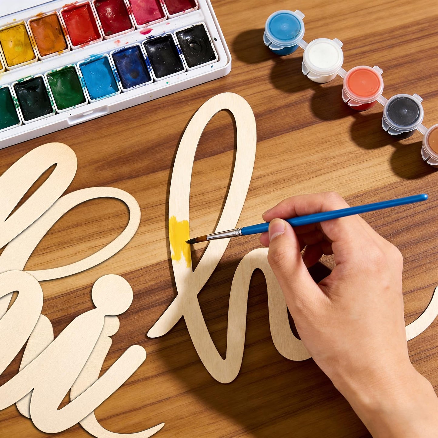 5Pcs Hi Wood Cutout Signs Unfinished Wooden Letters Word Laser Cut Script Sign for Front Door Wreath Crafts Painting Art Wall Letter Board Home Decor