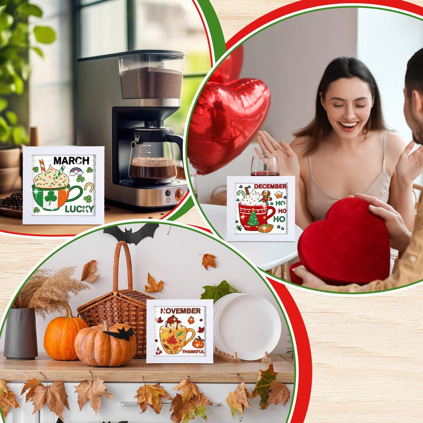 Trandraft 13 Pcs Coffee Month Diamond Art Kits for Adults 4th of July 250th Anniversary Favor Interchangeable 5d Seasonal Small Diamond Art Kits Framed Gem Painting for Holiday Table DIY Craft Gift