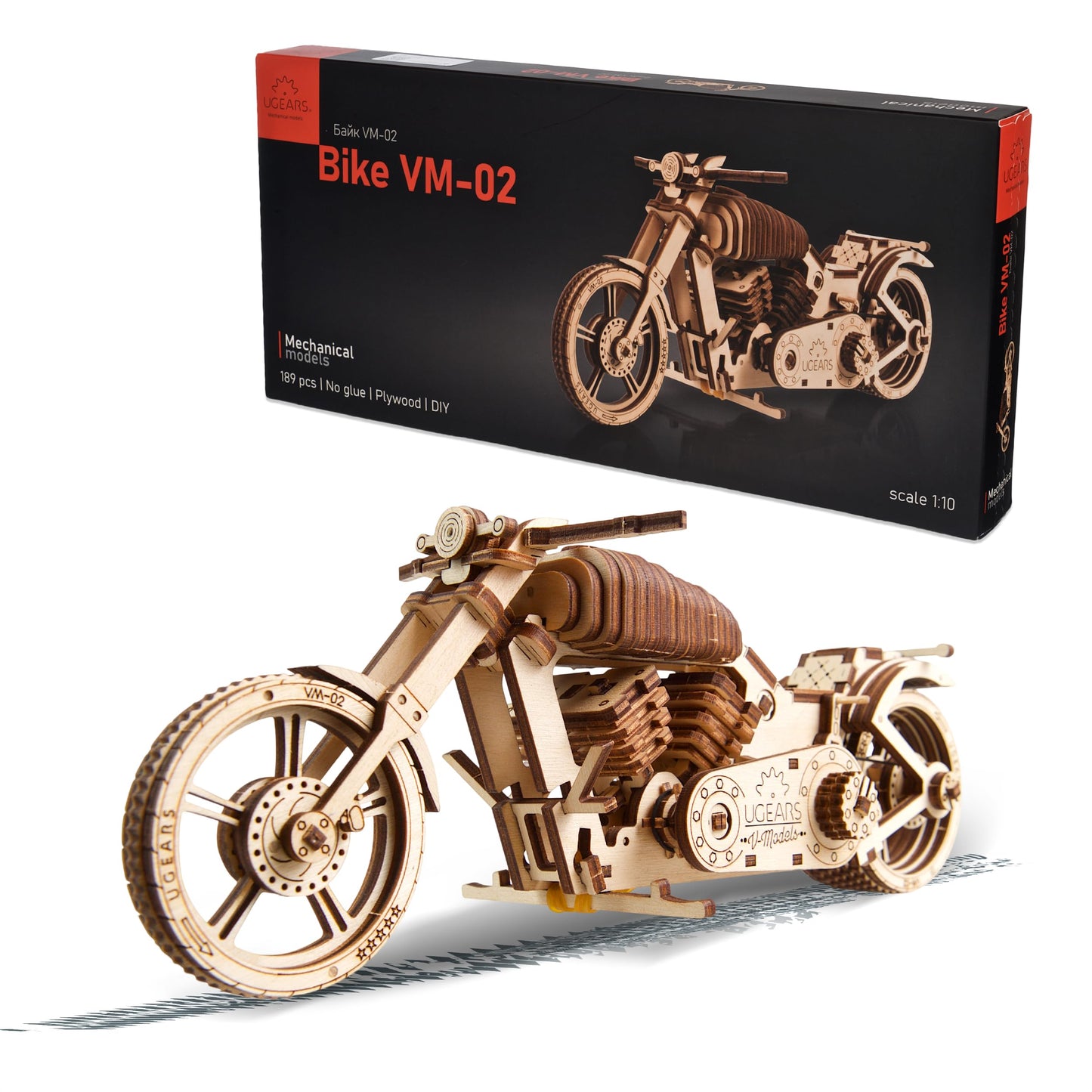 UGEARS Bike DIY Kit – Wooden Mechanical Motorcycle Project – Bike VM-02 Rubber Band Engine – for Vehicle Passionate and Bikers – Plywood Model with Wide Back Wheel – Refined Gift Idea