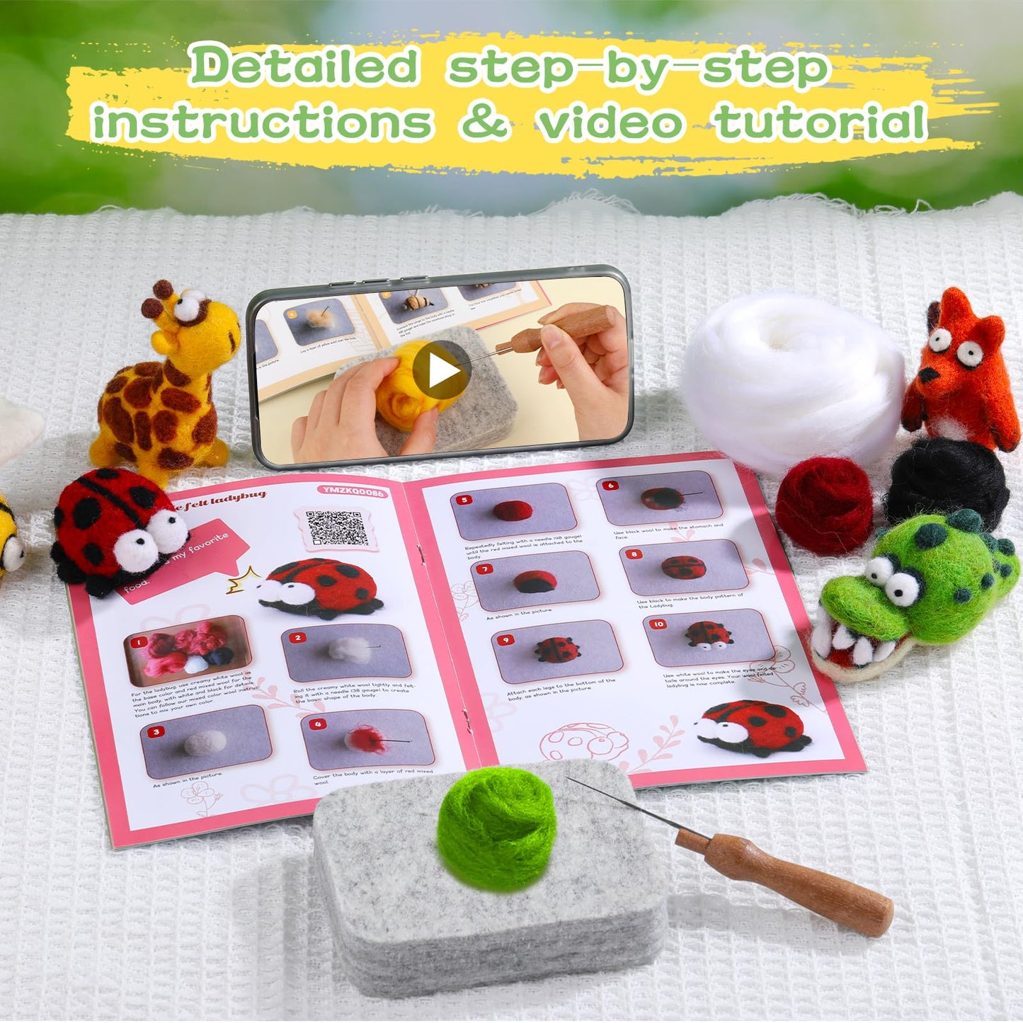 Fedmut Needle Felting Wool Kit, Felting Kit to Make 13 Cute Animals, 26 Colors Vibrant Soft Wool Roving with Felting Tools Supplies, Starter Kits for Beginners & Adults