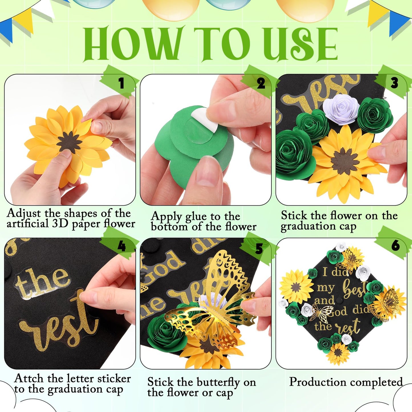 Suncalla Green DIY Graduation Cap Decorations Kit, 20 Pcs Roses Sunflower Flower Heads 4 Inspirational Quote Glitter Stickers 12 3D Butterfly Grad Cap Topper for Cake Photo Art DIY Grad Party Supplies