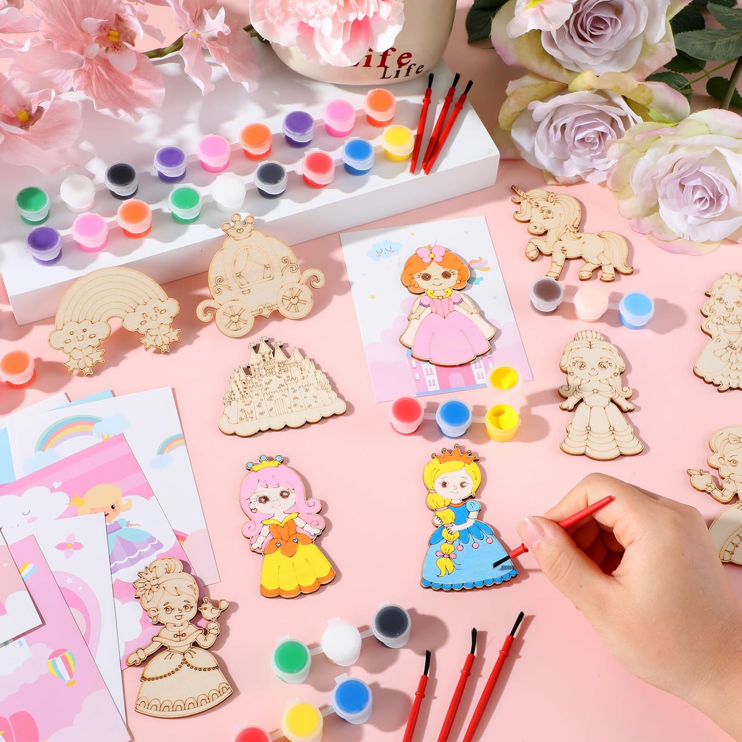 24Pcs Princess Party Favors Birthday Supplies Decorations-Cards with Art Crafts Castle Fairies DIY Wooden Painting Craft Kits Thank You for Coming Gifts Bulk Goodie Bags Stuffers Prizes for Kids Girls