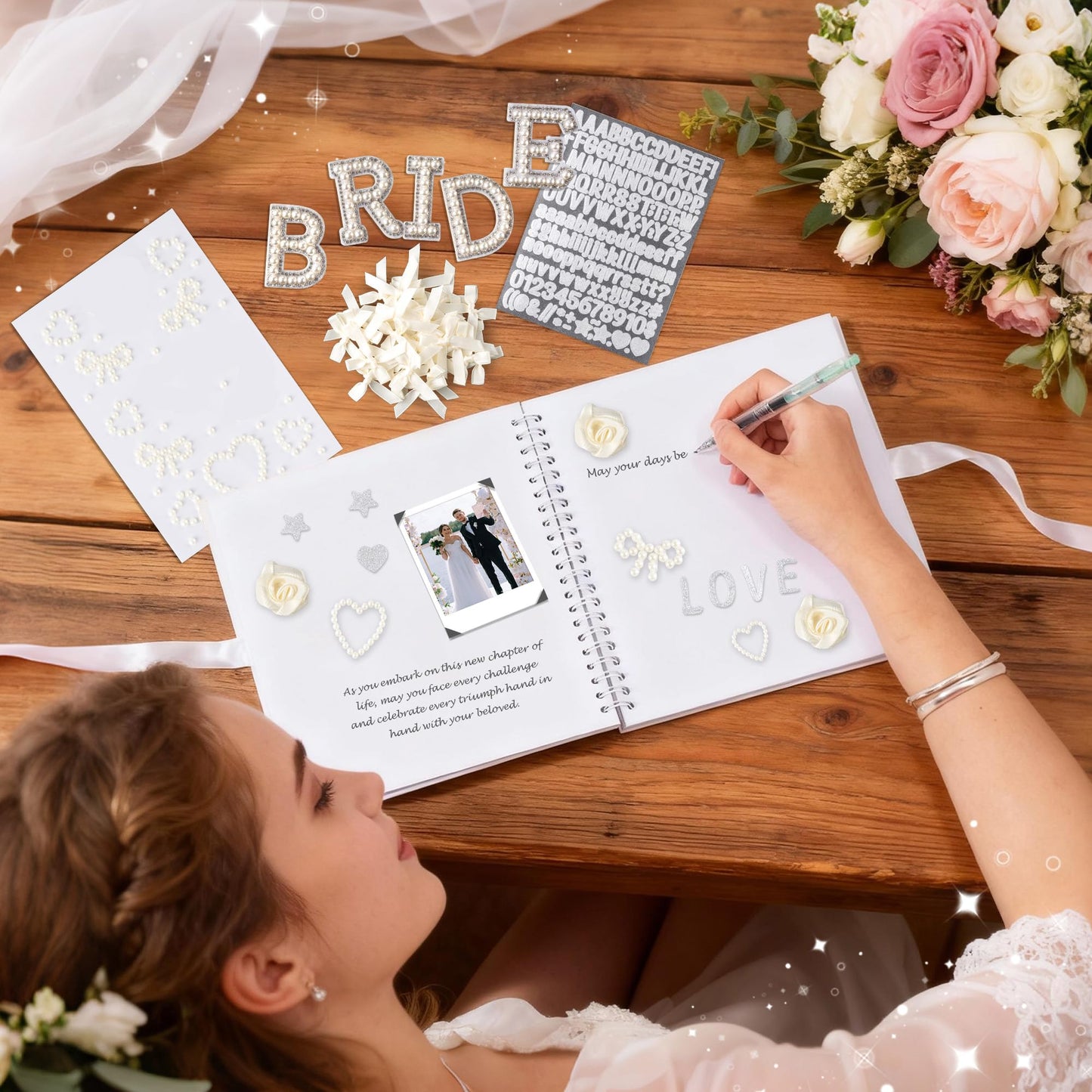 WATINC Letters to The Bride Scrapbook Kit - 8x8 Inch DIY Wedding Photo Album Guest Book for Bridal Shower Bachelorette Party, Beige Memory Book with 3D Flower Bow Envelopes Pearl Letters Stickers