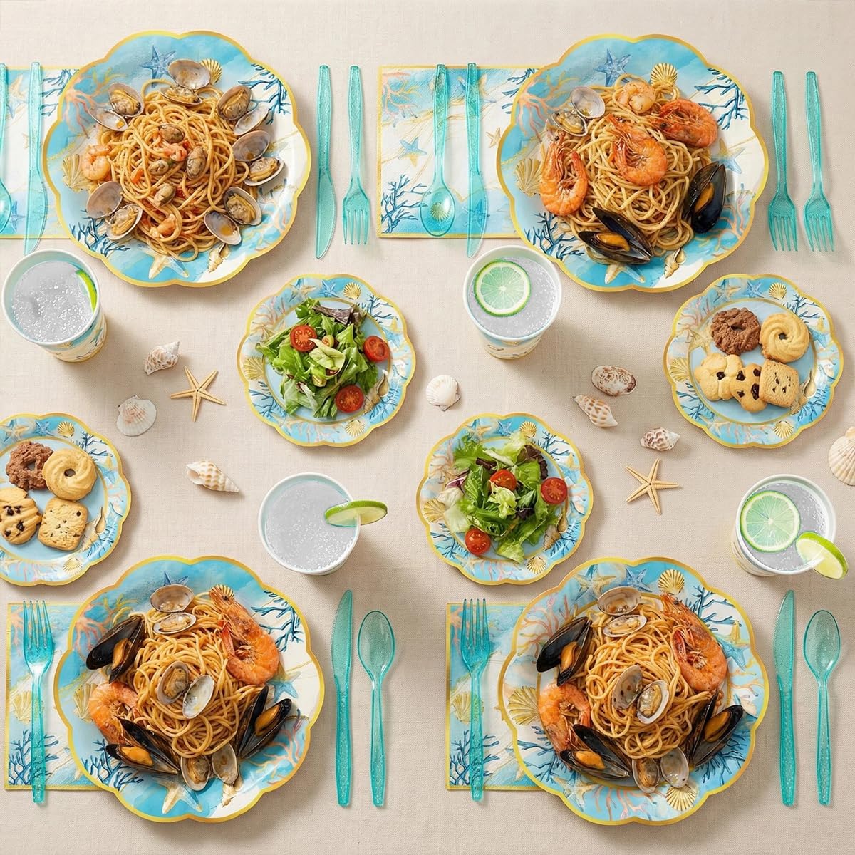 JLCFUTURE 140Pcs Beach Party Decorations Shells Ocean Plates and Napkins Summer Baby Shower Beach Birthday Party Supplies Coastal Paper Plates, Serve for 20 Guest