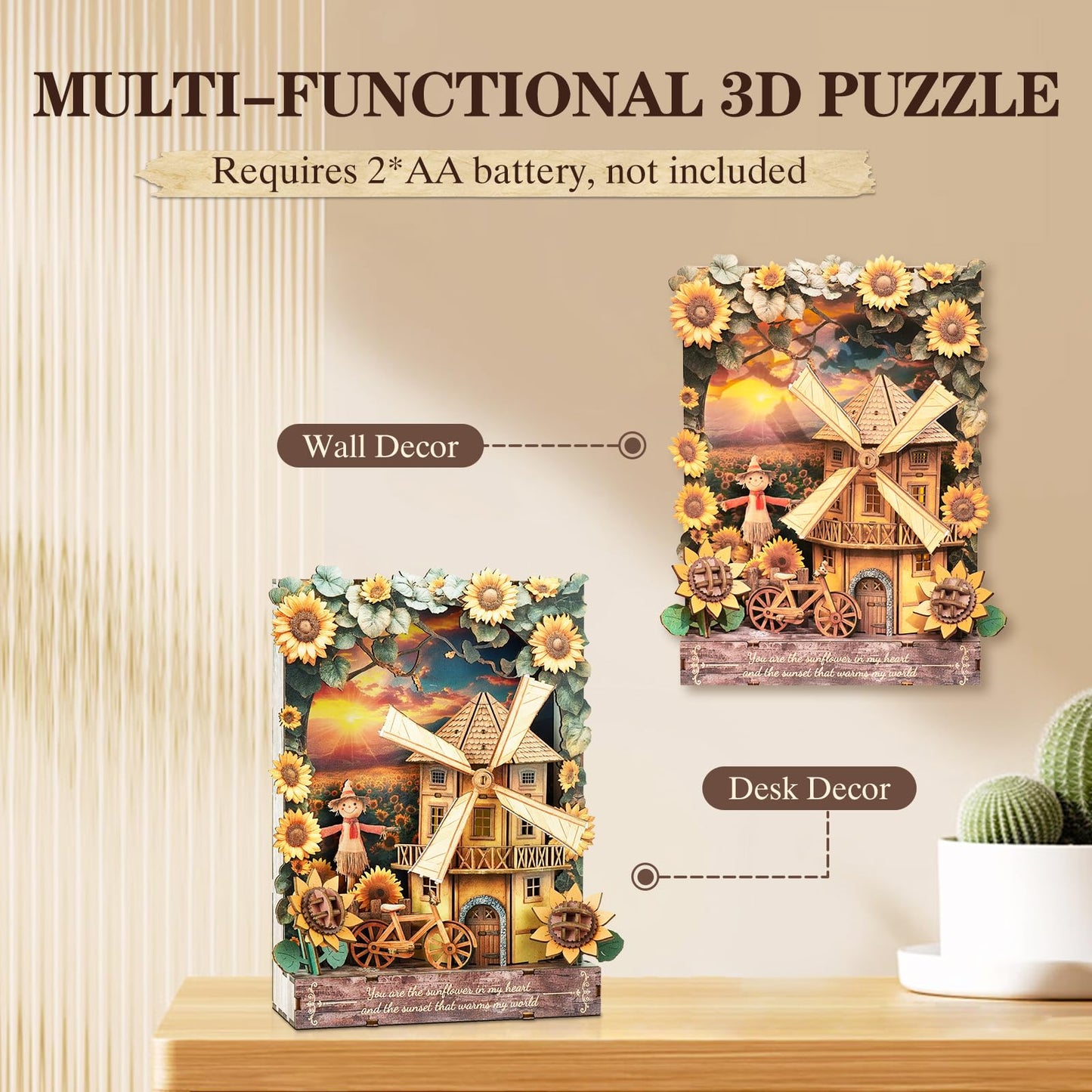 Cutywood 3D Wooden Puzzles for Adults - Sunflower DIY Kits for Adults with LED Light, Desk Decor 3D Wall Art Model Kits for Adult Gift for Nature Enthusiasts