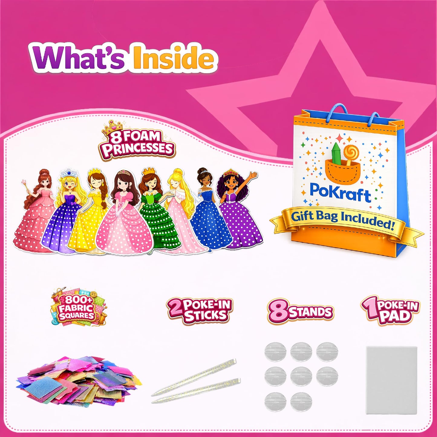 PoKraft Magical Princesses Poke Art, Paper Craft Kit with Gift Bag, Mess-Free Fun for Kids 3-9, Colorful DIY Activity Toys Games, Perfect Birthday Gifts for Girls, Builds Fine Motor Skills