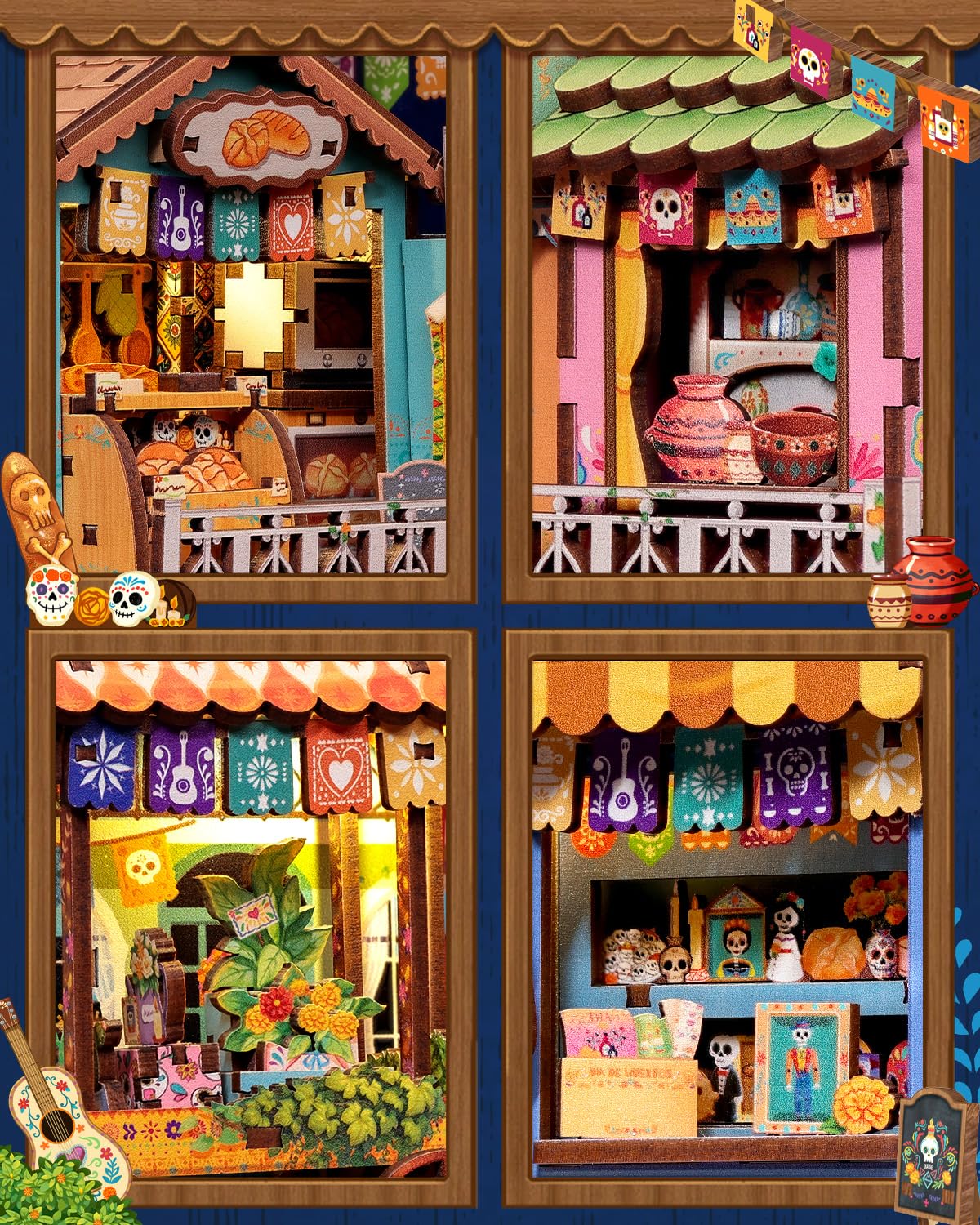 CUTEBEE Book Nook Kit - Mexican Fiesta DIY Miniature Dollhouse, Vibrant LED Bookshelf Decor Alley Model for Adults Teens, Gifts for Family and Friends（Plaza de Los Muertos）