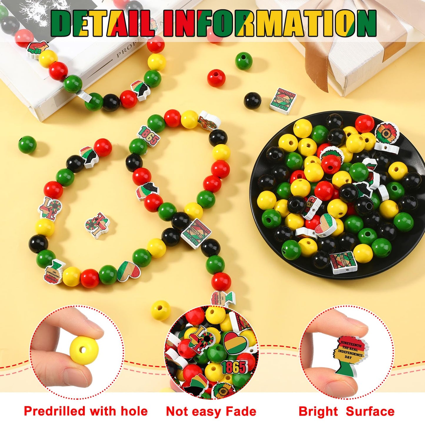 Waydress 200 Pcs Juneteenth Wooden Beads African Red Green Yellow Wood Beads Bulk 1865 Freedom Day Ball Ornaments with Hemp Rope for American Juneteenth Black History Month Home Party Decor DIY Crafts