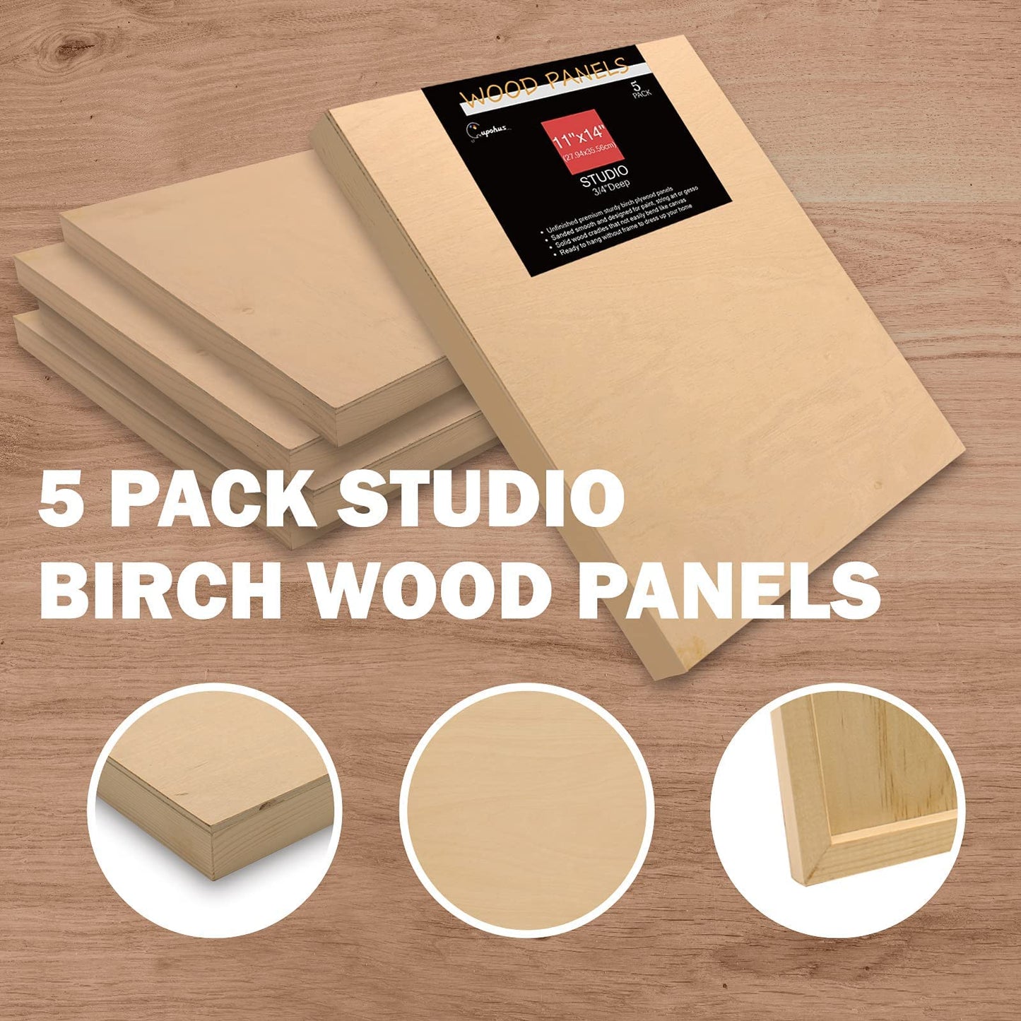 Cupohus Unfinished Birch Wood Boards Canvas for Painting, 5 Packs 3/4'' Deep Cupohus 11'' x 14'' Wooden Cradled Panels for Pouring Art, Crafts, Paints and More