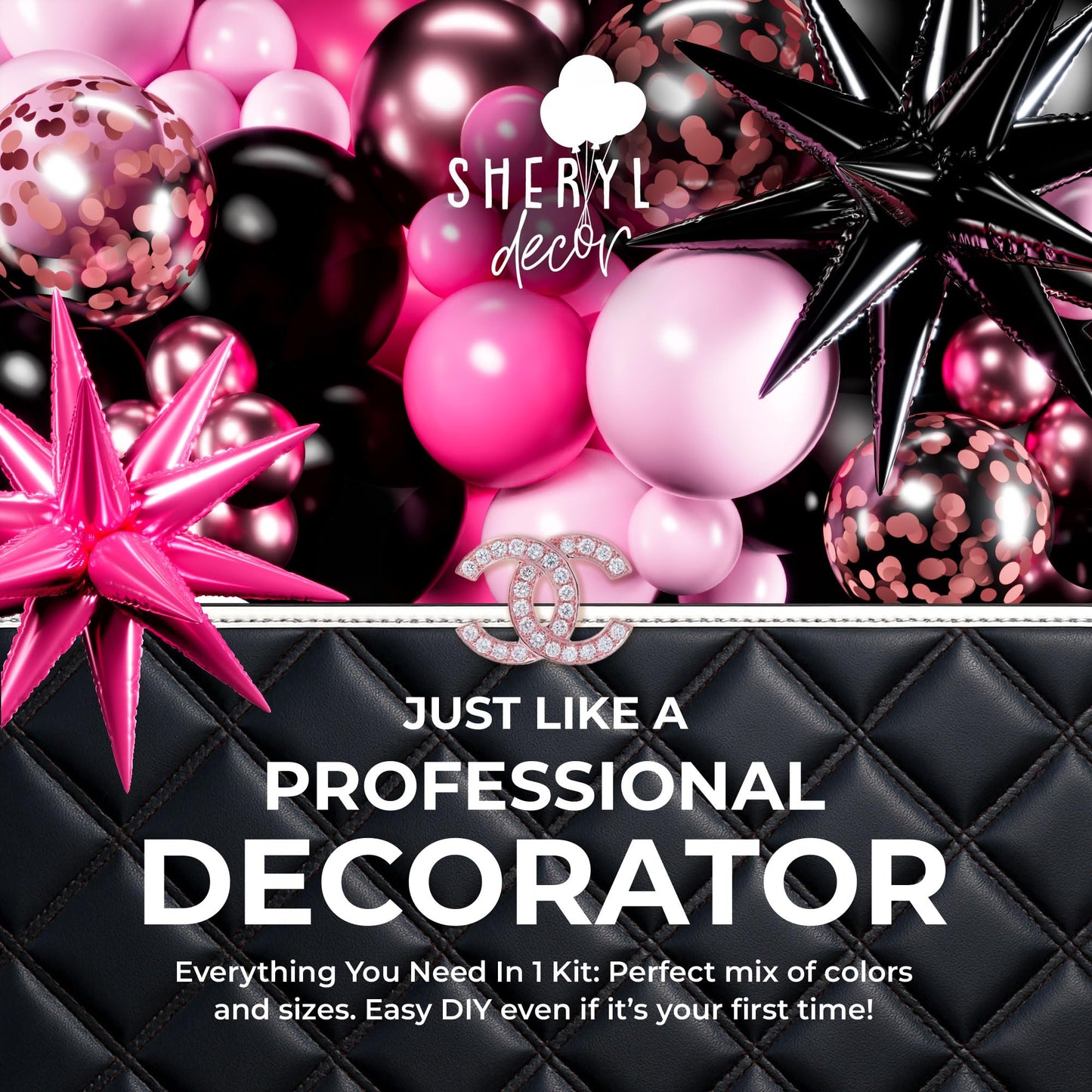 ALL-IN-1 Pink and Black Balloons Arch Kit with BONUS Starburst Balloons – Pink Black and White Balloons for Hot Pink and Black Party Decorations for Birthday and Theme Party Celebrations
