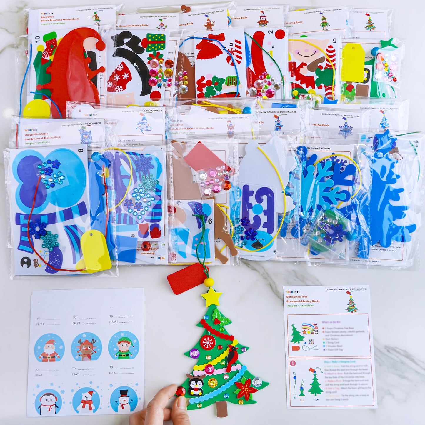 Winlyn 24 Sets Holiday Decorations DIY Christmas Tree Ornaments Winter Crafts Kits Foam Snowflake Penguin Snowman Foam Stickers for Kids Holiday Seasonal Gift Home Classroom Activities Party Favors
