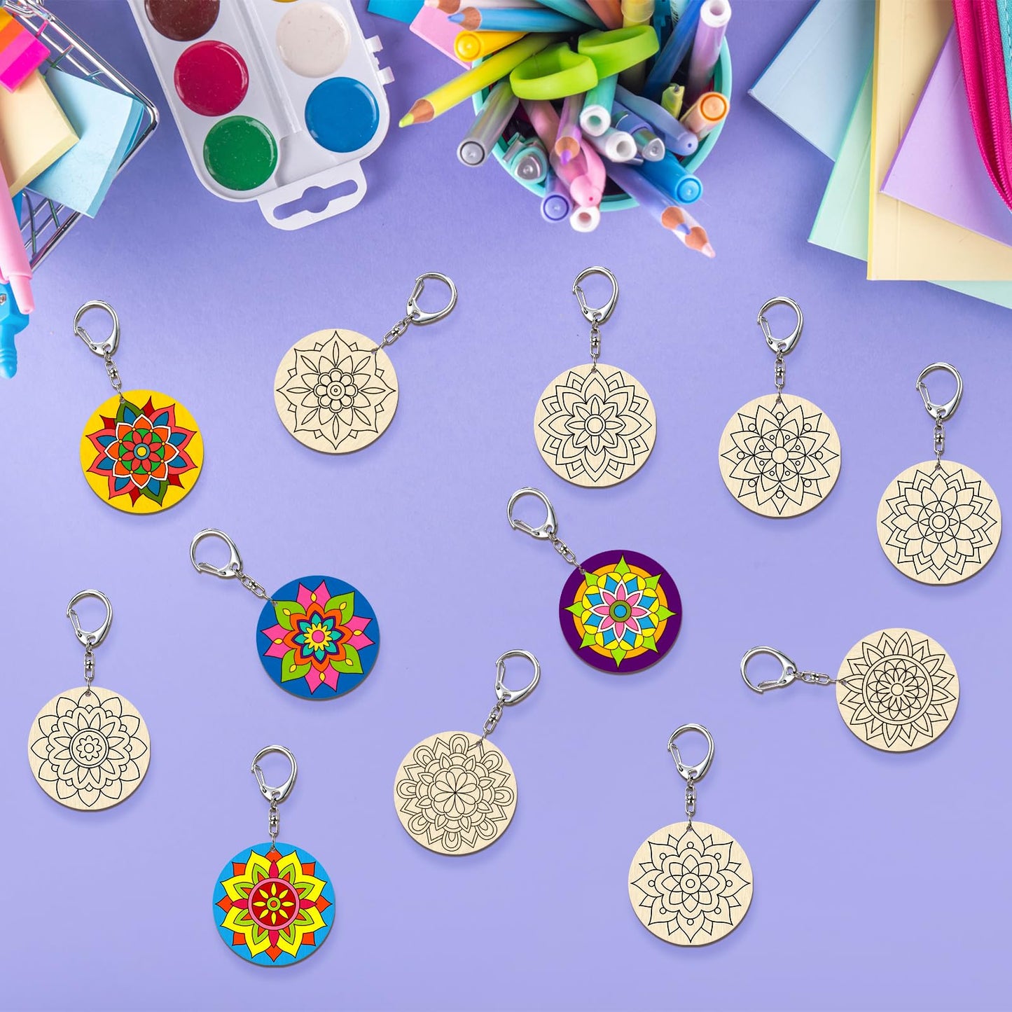 RattanView 24 Pcs Mandala Craft Color Your Own Keychains DIY Craft Wooden Blank Keychains for Sunday School Classroom Home Active Party Favors Gifts, 12 Styles