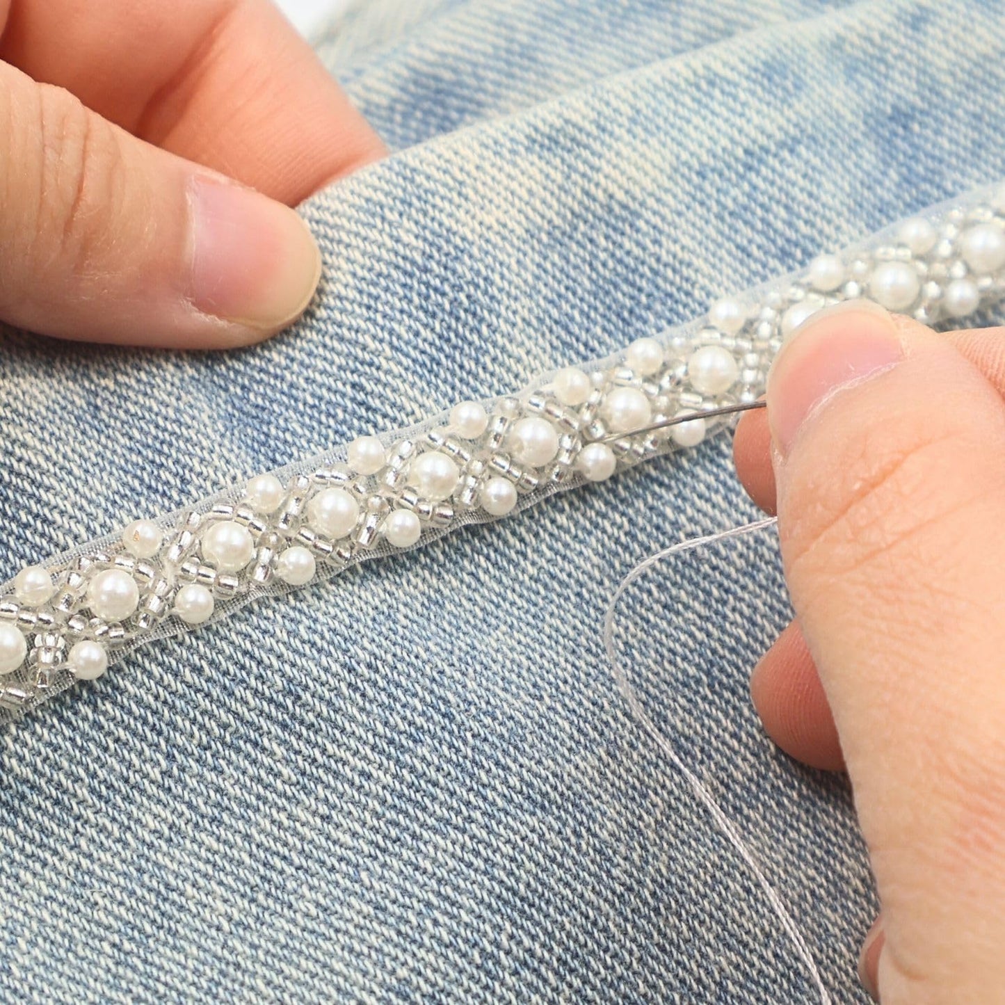 Bijou Joon 5 Yards White Pearl Trim Beaded Trim Beaded Lace Ribbon Edge Border Fabric Bridal DIY for Craft Wedding Dress Embellishments Women Vake Decoration