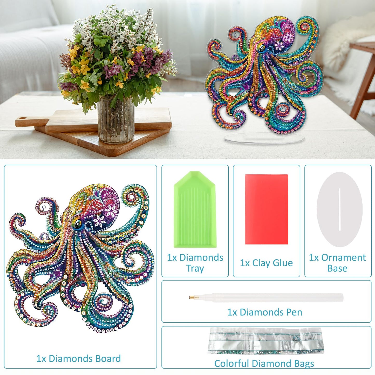SENQAO Octopus Diamond Art Desktop Ornaments Kits for Adults Beginners, 5D Special Shape Diamond Art Painting Animals Tabletop Ornaments, Crystal Gem Art Painting for Home Table Decor Crafts Gift