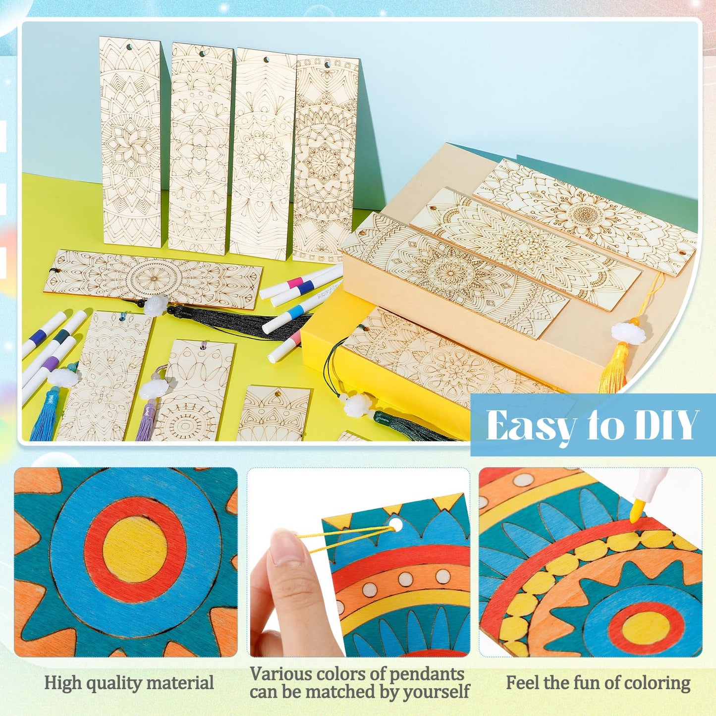 Reallnaive 42 Pcs Wooden Mandala Bookmarks DIY Painting Set Includes 15 Unfinished Blank Bookmarks 15 Tassels 12 Markers, for Mandala Gift Arts Craft Party for Adults Hobby