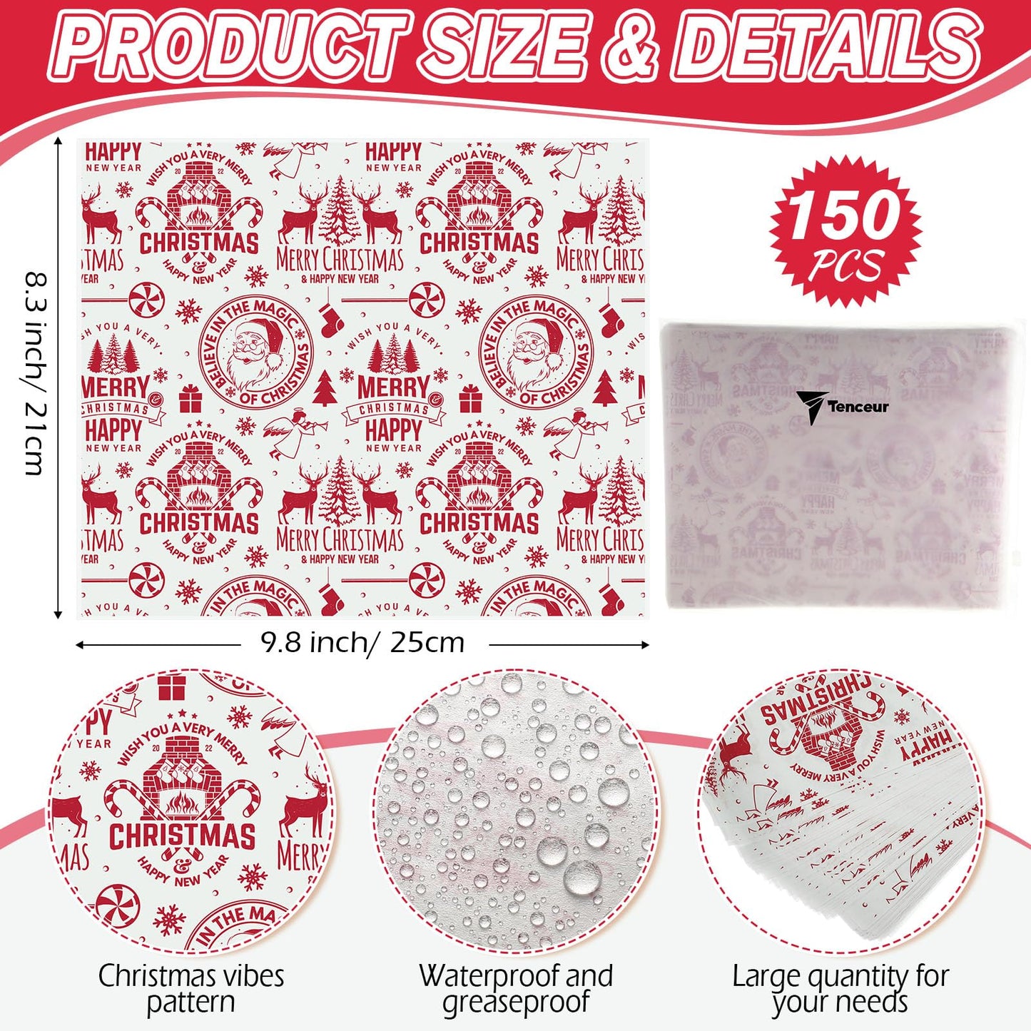 Tenceur 150 Pcs Christmas Wax Paper Sheets Parchment Deli Wraps Tissue Paper Baking Cookies Sandwich Decorative Wax Sheets Food Basket Liner Greaseproof Supplies(Red Reindeer)