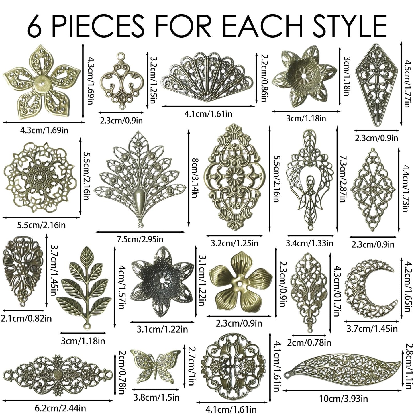 120pcs Filigree Metal Embellishments Metal Charms 20 Styles Antique Bronze Charms for Jewelry Making, Steampunk Art, Hairpins, Headwear, and DIY Crafts (6pcs each)