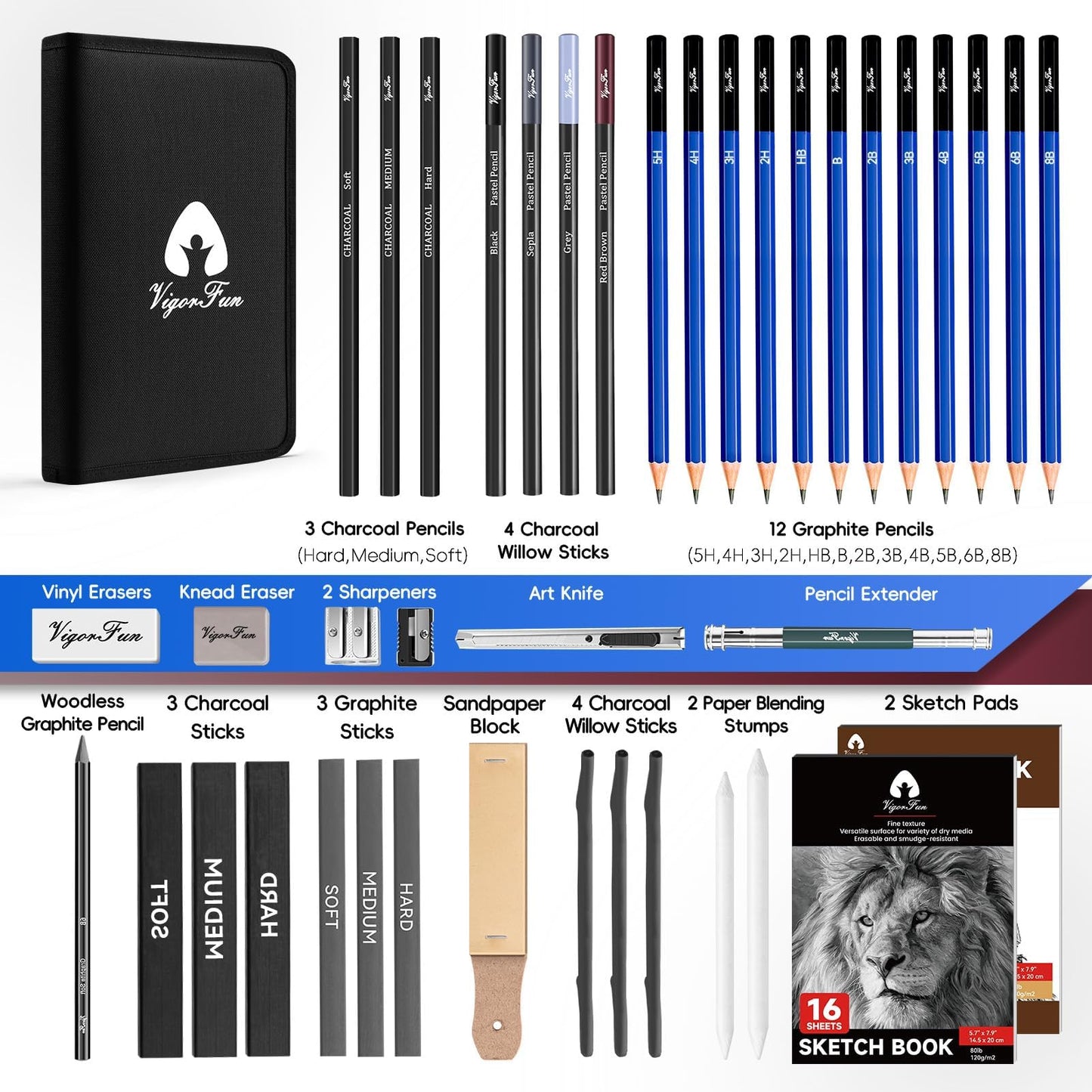 VigorFun Art Supplies, Sketching & Drawing Pencils Art Kit with 2 Sketch Pads, Professional Artists Drawing Supplies Set Includes Graphite, Charcoals, Kneaded Eraser for Adults (42 Pieces)
