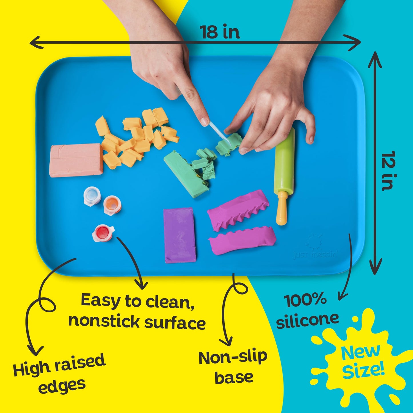 Just Messin’ Silicone Art Mat for Kids, Reusable Non-Slip Heat-Resistant Mat w Raised 0.6" Edges to Contain Mess & Protect Tables/Floors, Arts & Crafts, Resin, Legos, 12"x18", Blue