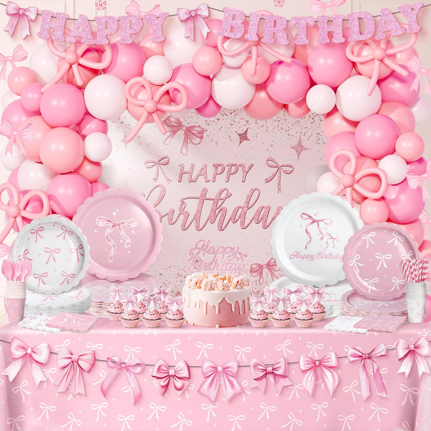 Pink Bow Coquette Birthday Decorations for 24 Guests, Party Supplies with Plates, Napkins, Cups, Balloon Garland Arch, Happy Birthday Banner, Tablecloth, Backdrop, Cake & Cupcake Toppers