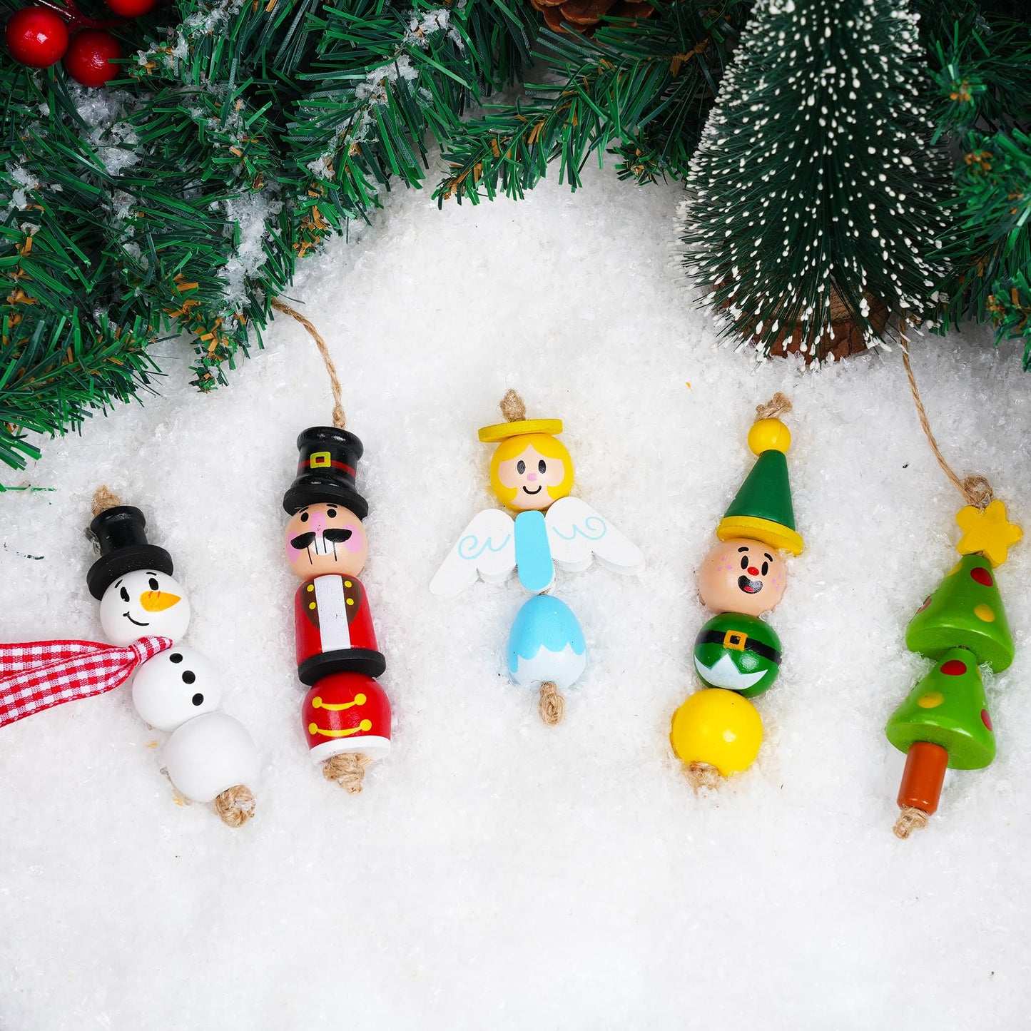 JOYIN 202 Pcs Christmas Wooden Beads Craft Kit, DIY Wood Bead Printed Ornaments Make Snowman, Santa Claus, Angel, Nutcracker, Tree for Christmas Hanging Decoration Holiday Xmas Art Activities for Kids