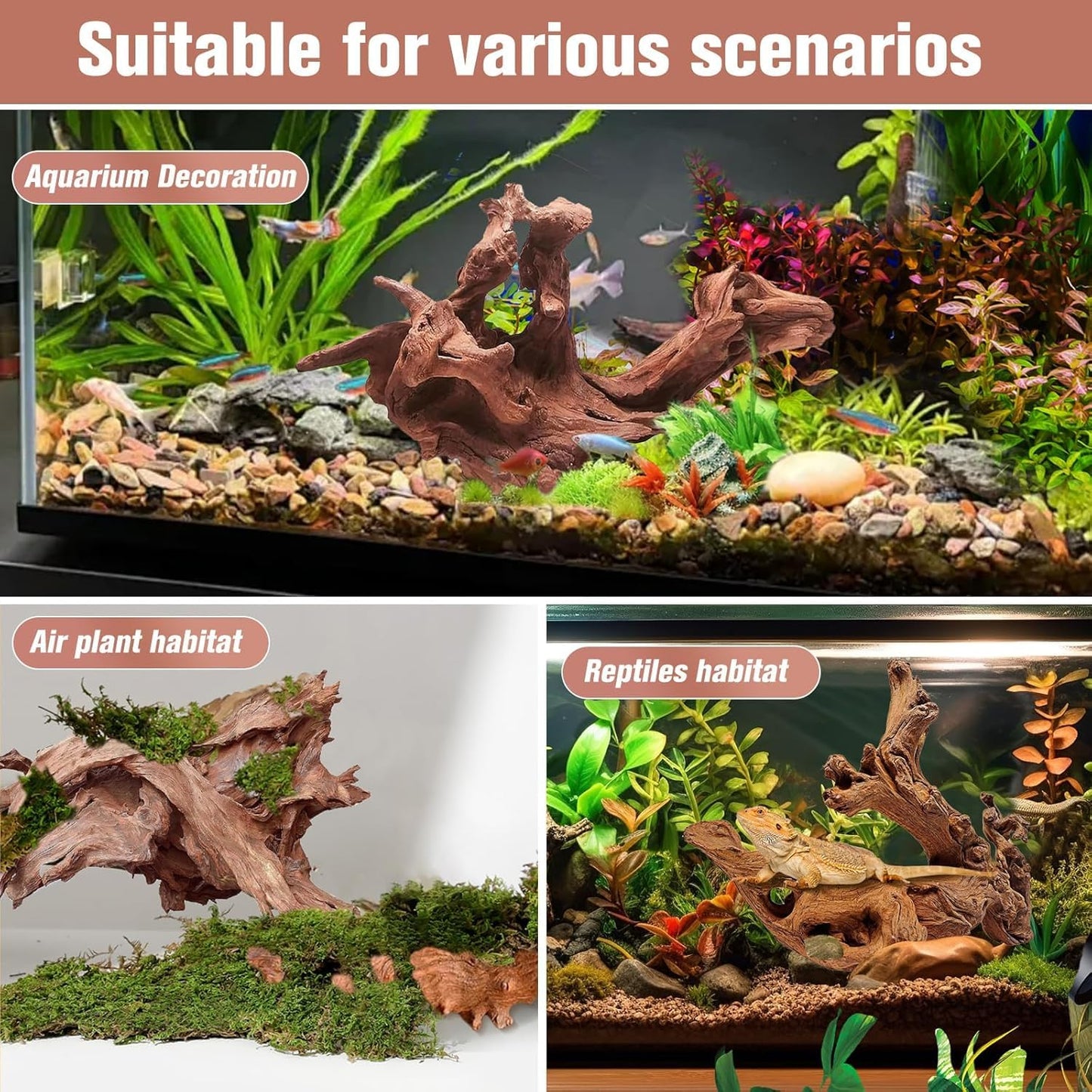 Hiwzitar 3-Piece 7-11 Inches Natural Aquarium Driftwood Decorations - Aquascape Decor for Fish Tanks, Betta Hideouts, Reptile Enclosures & Plant Attachment