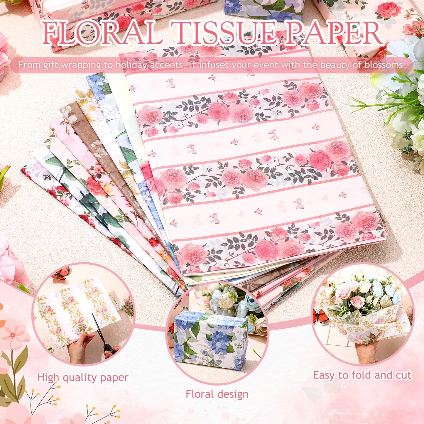 Honoson 90 Sheets Floral Tissue Paper Printed Flower DIY Art Craft Wrapping Paper for Gift Bags Bulk for Wedding Bridal Shower Birthday Party Favor Supplies Decoration, 19.7 x 13.8 Inch(Vivid)