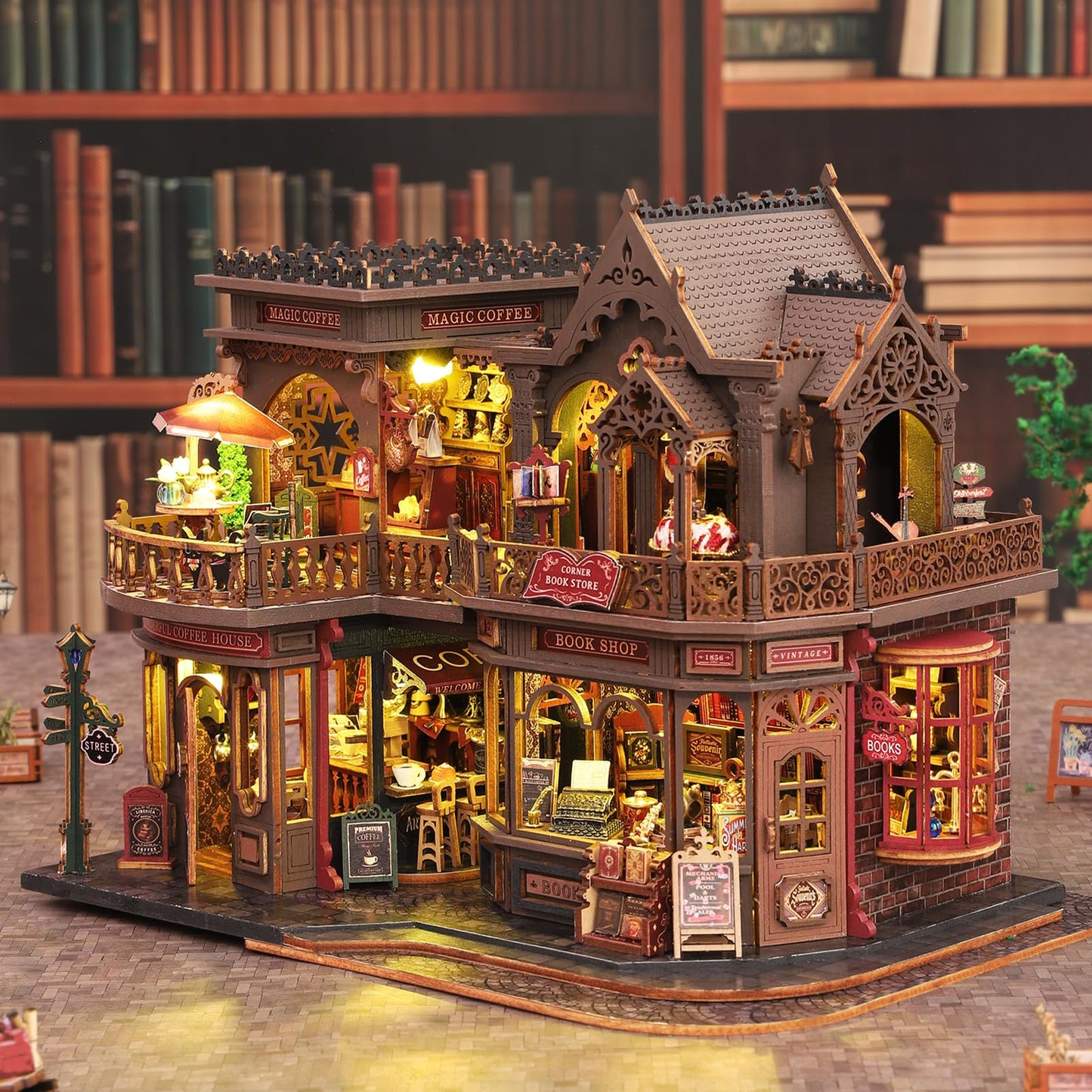 Plustopoy DIY Miniature House Kit - 3D Wooden Puzzle Bookshelf Decor with Furniture & LED Light, Dollhouse Kit Creative Craft Building Set for Adults, for Women Men