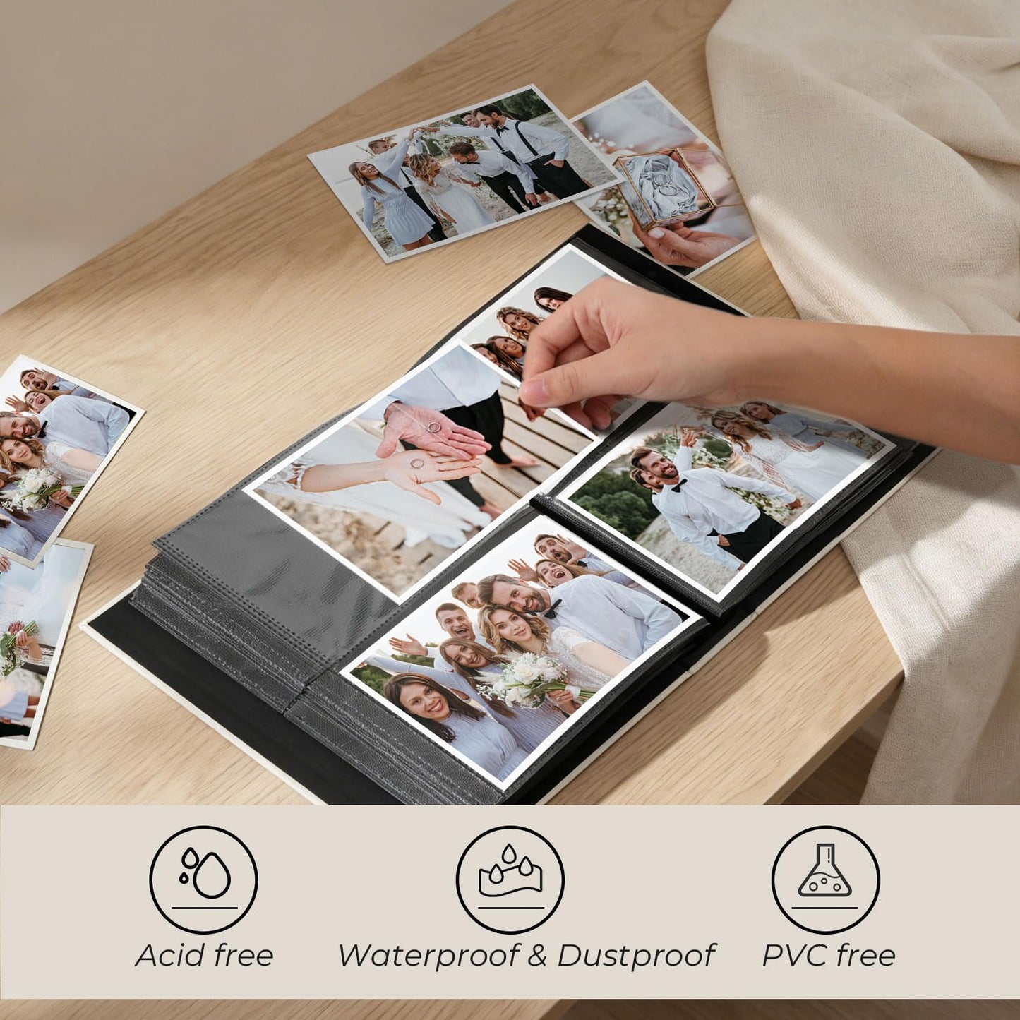 Vienrose Wedding Photo Album 4x6 Slip In Pocket Photo Album with 200 Pockets, Cloth Cover Photo Book, Acid-Free Pages, DIY Custom Cover with Tweezers &Wedding Themed Crystal Stickers, Beige