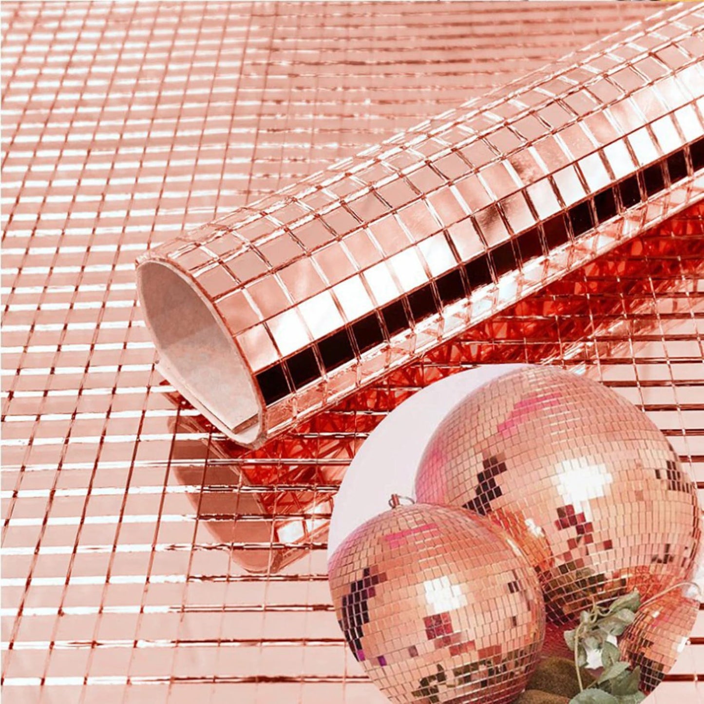 EchoDone 12480 Pcs Mirror Tiles, 5 x 5 mm Square Mosaic Self Adhesive Disco Ball Tiles Sticker for Christmas Party Mirror Pieces for Crafts Christmas Happy New Year Decoration (Rose Gold)