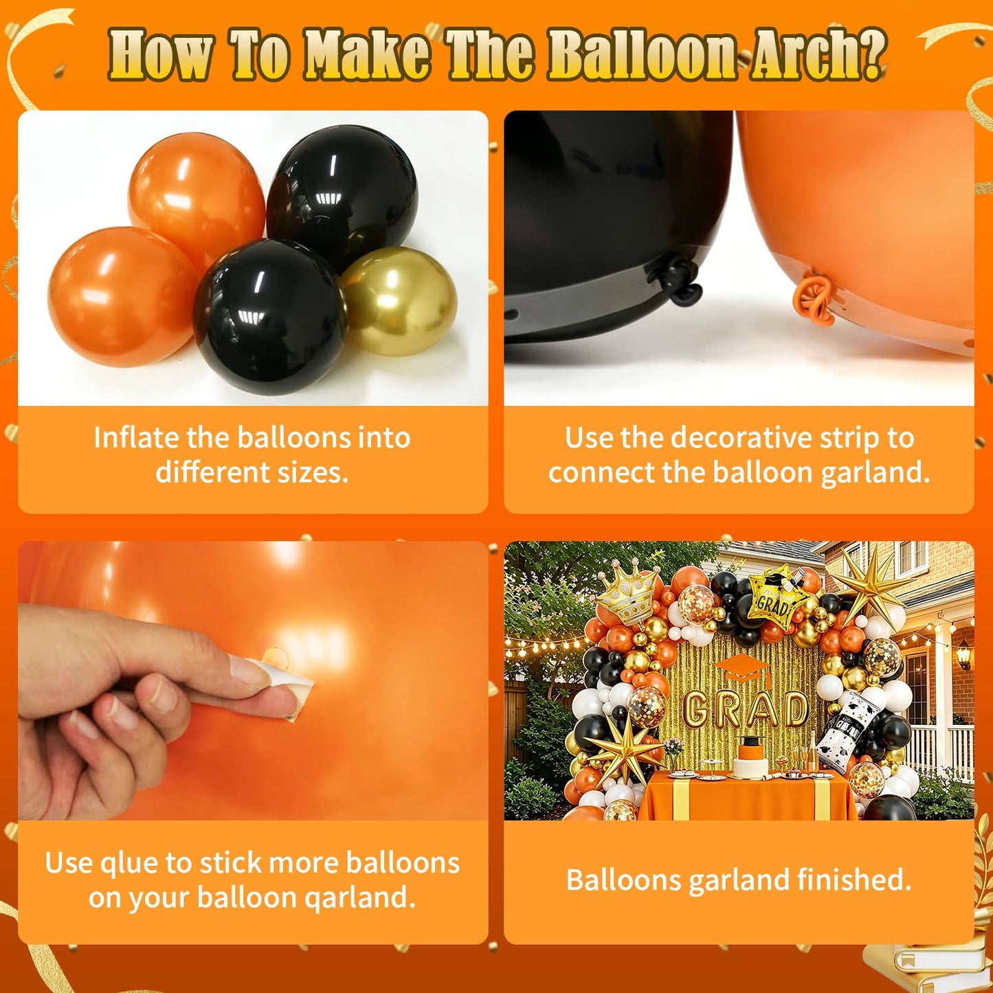 Graduation Balloon Arch Garland Kit Orange Black White Gold Graduation Decorations 2026 for College High School Class of 2026 Grad Party Prom Decor