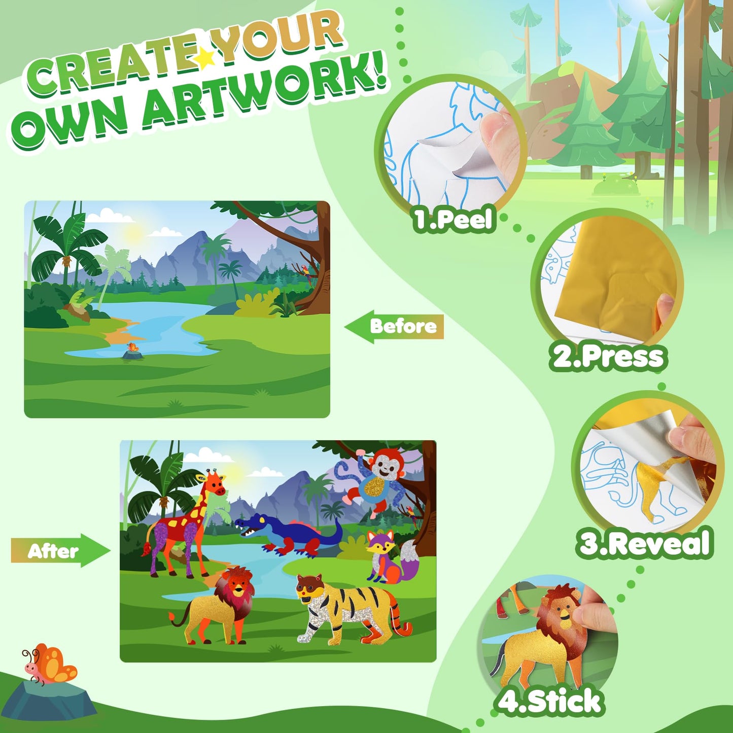 Fun Foil Art Craft Kits, 2 In 1 DIY Dinosaur & Space Creative Sticker Coloring Activity, Travel Toys, Arts and Crafts for Kids 4-6, No Mess Art Craft Supplies, 4 5 6 7 8 9 10 Year Old Boy Girl Gifts