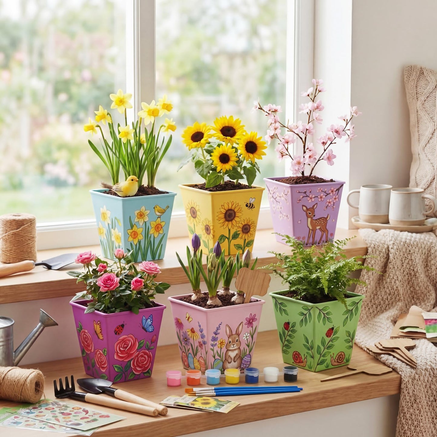 Ferrochef 6 Sets Flower Pot Painting Kit DIY 6 Colorful Metal Iron Plant Pots Acrylic Paint Stickers Brushes Plant Labels Gardening Tool Kit for Planting Crafts Mother's Day Graduation Creative Gift