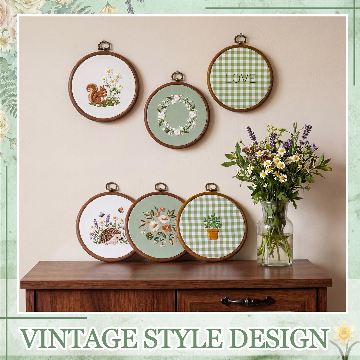 Tudomro 6 Sets 6.7 Inch Embroidery Hoop Frame and 11.8 Inch Pre-Cut Cloth Fabric Squares Kit Imitation Wood Cross Stitch Hoop for Beginner, DIY, Art Craft Sewing, Wall Hanging Decor(Sage Green)