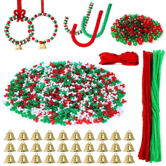 YBB 1780 Pcs Christmas Tri-Shaped Beads Ornament Kit with 30 Golden Bells 50 Chenille Stems and 10m Red Ribbon for Christmas Tree Candy Cane Wreath DIY Hanging Decoration