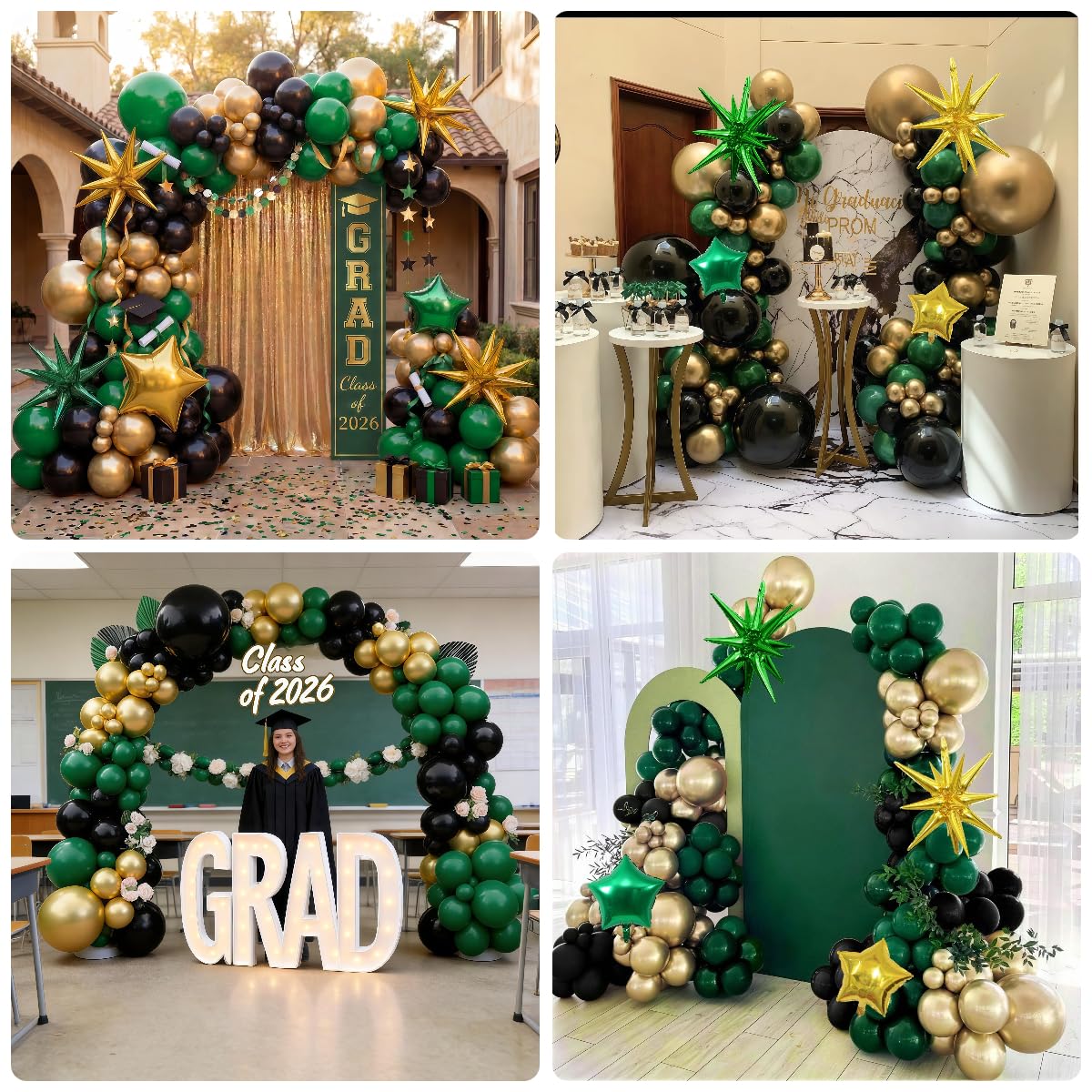 Graduation Balloon Arch Kit 2026 Green and Gold Black Balloon Garland Emerald Forest Dark Green Balloons with Star Foil for Congrats Grad Retirement Prom Birthday Football Party Decorations, 104Pcs