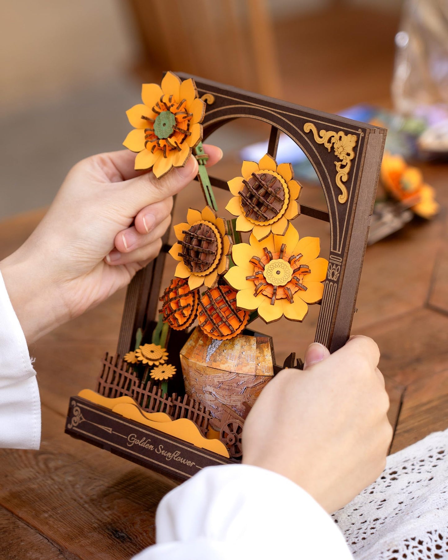 Wowood 3D Wooden Puzzles for Adults - Van Gogh Golden Sunflower DIY Model Building Kits with LED Light - Gifts for Mothers Day - Home Decor, Wall Art & Unique Creative Gifts for Art Lovers/Men/Women